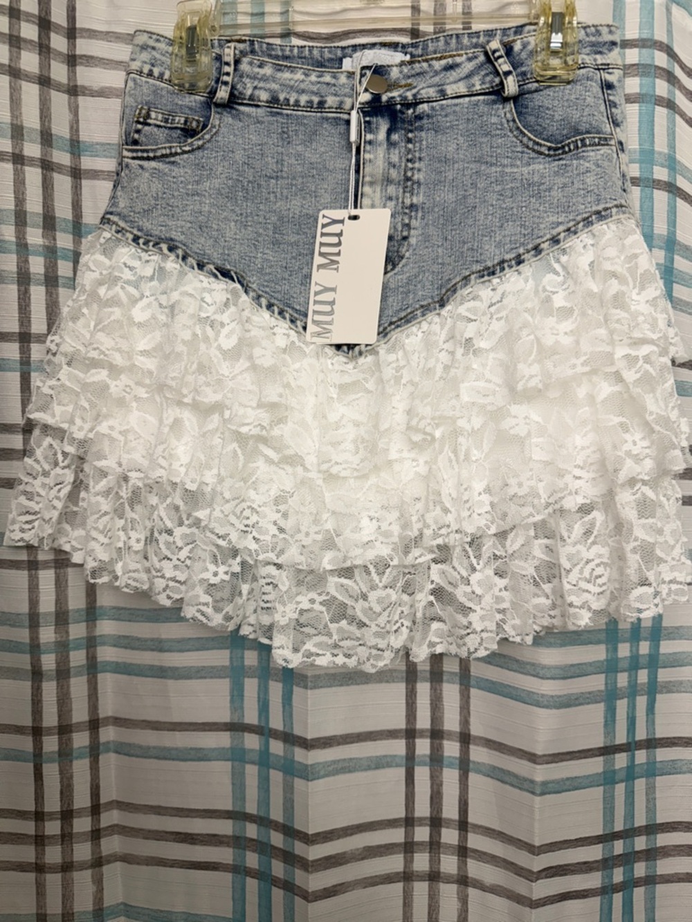 White Lace Tiered Denim Mini Skirt Pant